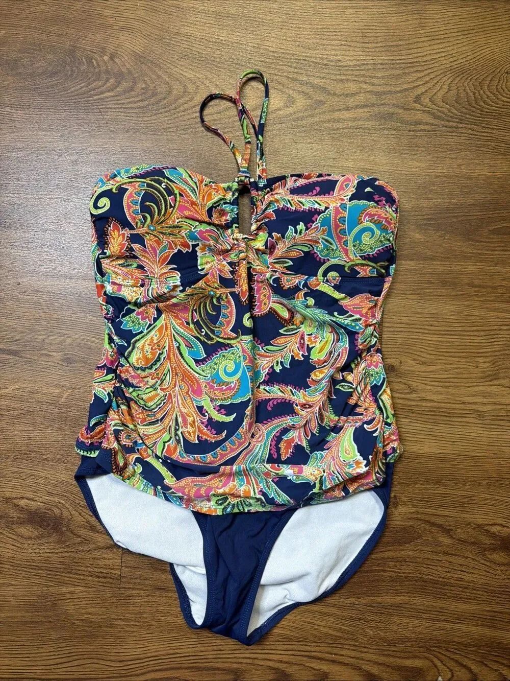 Lauren Ralph Lauren Paisley Floral Halter One Piece Swimsuit 14 Blue Pink